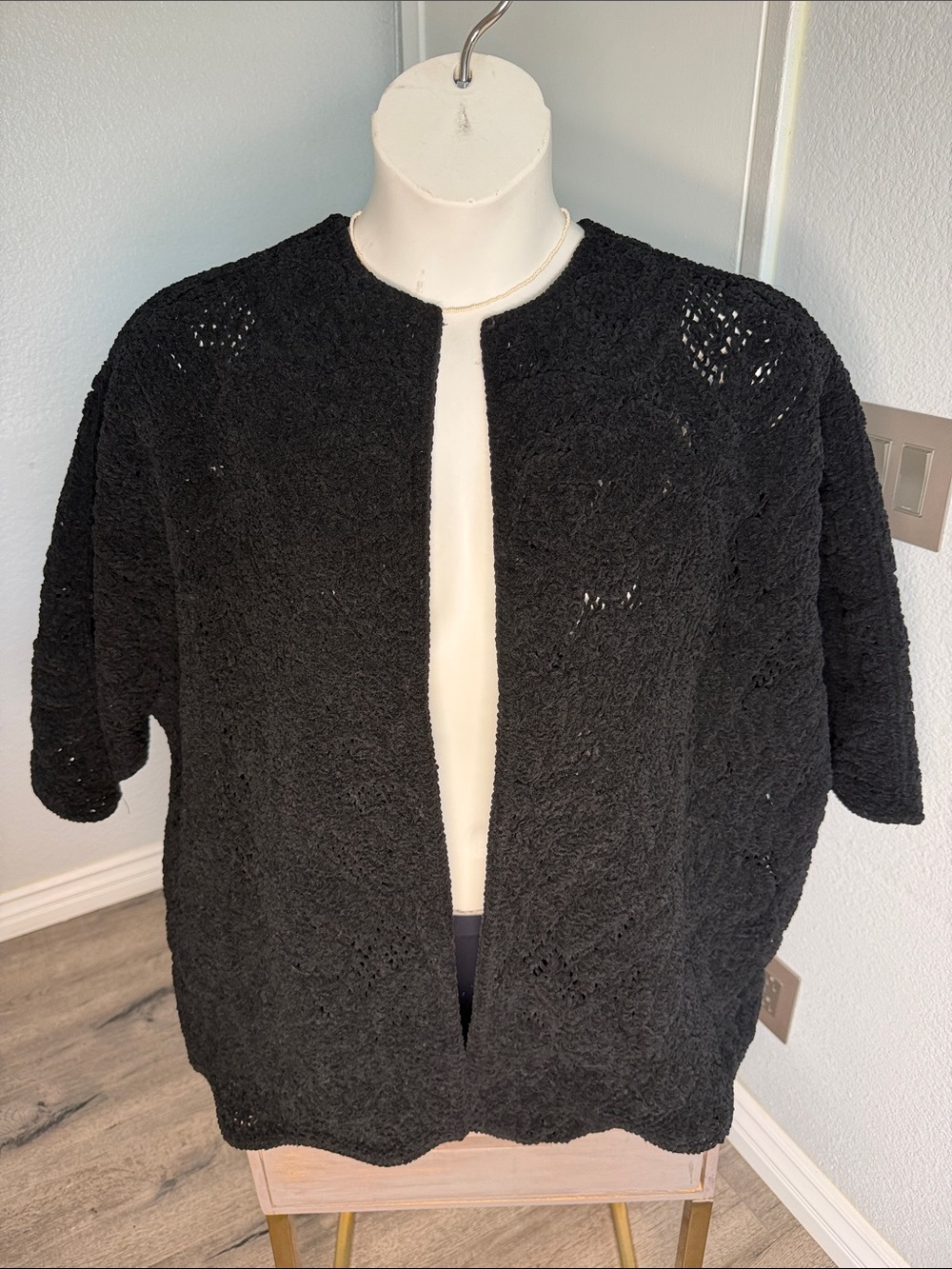 Zara Black Crochet Collarless Open Cardigan